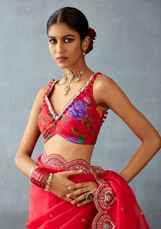 Bohemian Pre-draped Saree With Motifs, Fitted Cotton Silk Pre-draped Saree, Festive Fitted Pre-draped Saree With Motifs, Elegant Fitted Pre-draped Saree With Motifs, Fitted Pre-draped Saree With Motifs, Bohemian Red Pre-draped Saree For Festive Occasions, Fitted Saree With Tilla Detailing, Red Cotton Silk Pre-draped Saree With Unstitched Blouse, Fitted Blouse Piece With Tilla For Diwali