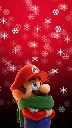 an image of mario on a red background with snowflakes