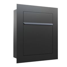 a black wall mounted mailbox with a metal handle on the front and bottom panel