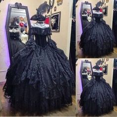 Black Wedding Dresses Lace Long Sleeves Off Shoulder Gothic Bridal Ball Gowns  | eBay Horror Themed Wedding Dress, Gothic Quinceanera Dresses, Big Dresses Gowns, Black Wedding Dresses Lace, Black Wedding Dresses Gothic, Wedding Black Dress, Halloween Wedding Dress, Black Princess Dress, Gothic Ball Gown