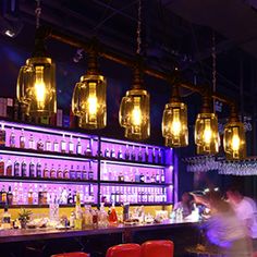 Rustic Bar Ceiling Clear Glass Beer Mug Pendant Light In Bronze With Water Pipe Design 6 / Bar Lights Ceiling, Ceiling Hanging Lights Bar, Bottle Ceiling Lights, Beer Can String Lights, Restaurant Design Rustic, Beer Decorations, Bar Island, Bar Ceiling, Bar Pendant Lights