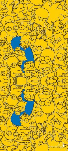 a bunch of simpsons characters are in the middle of a yellow background with blue dots