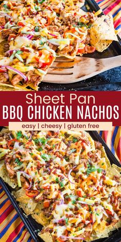 sheet pan bbq chicken nachos with text overlay that reads sheet pan bbq chicken nachos easy and cheesy i gluten free