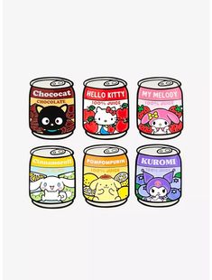 six cans of hello kitty are shown in different colors and sizes, each with a cat's face on the top