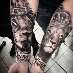 two people with tattoos on their arms and hands, one has a lion and the other has a crown