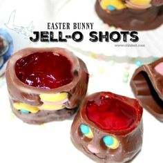 three chocolate jello shots sitting next to each other