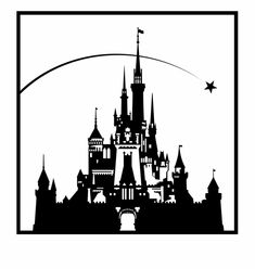 a black and white silhouette of a castle with stars in the sky over it's roof