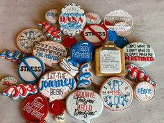 decorated cookies with the words happy retirement and some sayings in different languages on them