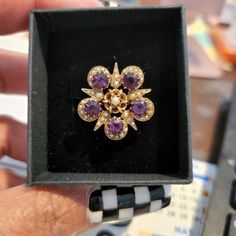 Antique 14k Yellow Gold Ring, Amethyst And Seed Pearls. This Absolutely Stunning Ring Is From An Estate In Newport, Ri. I Was Told That The Ring Was Once A Broach Turned Into A Ring. It's Absolutely Beautiful In Person. The Stones Are Of The Old Mine Cut. Just Beautiful. It Has Sat In My Jewelry Box For Ages And Not Been Worn. Time For It To Go To A New Home. I Am Not A Jeweler Nor Appraiser. Please Ask All Questions Prior To Bidding Or Buying. Shipping Is Free. Payment Is Due Within Three Days Of Auction Ending. Heirloom Multi-stone Amethyst Ring, Heirloom 14k Stamped Amethyst Jewelry, Purple Amethyst Jewelry With Rose Cut Diamonds, Heirloom Multi-stone Purple Amethyst Ring, Gift Jewelry With Rose Cut Diamonds And Amethyst, Victorian Jewelry With Purple Center Stone, Victorian Purple Jewelry With Center Stone, Heirloom Amethyst Jewelry With Rose Cut Diamonds, Heirloom Amethyst Ring With Rose Cut Diamonds