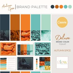 an orange and blue color scheme with the words autumn spice on it, along with images of pumpkins