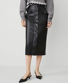 Detailed with polished buttons and angled flap pockets, our faux leather pencil skirt is a luxe love. Button front. Angled flap button pockets. Hidden back zipper with hook-and-eye closure.,Hit:Hits at mid-calf,Imported:Imported,Length:30" long,Fabrication:Imitation Leather Coating: Polyurethane; Back: 100% Polyester,Garment Care:Machine Washable Faux Leather Button Front Pencil Skirt by Ann Taylor Size regular - 6 Black Women's Faux, Leather, Pencil, Skirts, Imitation, Leather, Coating Polyurethane Back 100%, Polyester, Machine, Washable Leather Pencil Skirts, Faux Leather Pencil Skirt, Leather Pencil Skirt, Pencil Skirts, Mid Calf, Effortless Style, Ann Taylor, Size 16, Pencil Skirt