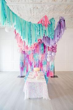 Spa Party Fringe Backdrop-Fringe Backdrop-Party Decor-Oh My Darling Party Co-Oh My Darling Party Co-baby shower Party Fringe, Rainbow Birthday Decorations, Streamer Wall, Fringe Decor, Fringe Wall, Colorful Backdrop, Unicorn Backdrop, Chic Bridal Showers, Fringe Backdrops