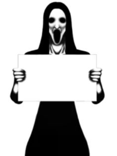 a woman with her mouth open and holding a sign in front of her face that says scream