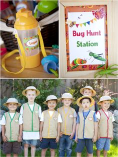 the children are dressed up in safari outfits and hats for their birthday party, including a sign that says bug hunt station