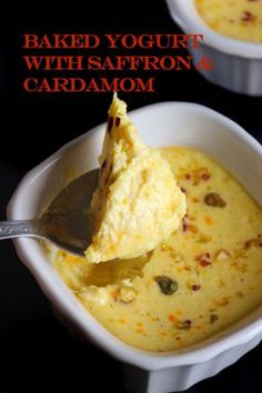 baked yogurt with saffron and cardamom in a white bowl