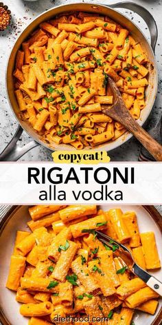 rigatoni alla vodka in a skillet with cheese and parsley on the side