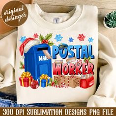 a white shirt with the words postal worker on it and christmas decorations around it, along with other items