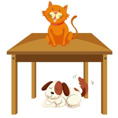 an orange cat sitting on top of a wooden table next to a dog sleeping under it