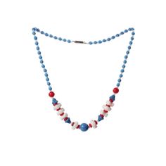 "16\" Vintage Czech Bohemian necklace with a stunning selection of glass beads. Wonderful red and blue round, red rondelle, blue flower and white triangle glass beads. Silver tone clip barrel clasp closer. This necklace is from the 1940's and is in excellent condition for the age, having been in storage for over 70 years Authentic vintage Czech costume jewelry necklace ready to wear for any occasion, formal or informal. Origin: Czech 1940's Length: 16\" approx Size: Beads 2 - 12mm 1/16\" - 7/16\ Patriotic Blue Jewelry With Colorful Beads, Patriotic Blue Round Bead Jewelry, Adjustable Blue Patriotic Necklace, Patriotic Blue Beaded Necklaces, Patriotic Blue Beaded Necklace For Gift, Blue Patriotic Necklace For Gift, Patriotic Blue Beaded Necklace For Gifts, Patriotic Blue Necklace For Gift, Patriotic Blue Beaded Necklace