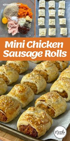 mini chicken sausage rolls on a baking sheet with the title overlay reading mini chicken sausage rolls