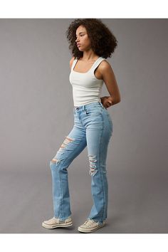 Next Level Stretch/Our softest, stretchiest, never-loses-its-shape denim/Won't bag out. Ever./Light wash/Ripped Everyday Light Wash Stretch Flare Jeans, Aerie Bras, Beach Shop, Jumpsuit Skirt, Curvy Jeans, Destroyed Jeans, Swim Accessories, Heeled Loafers, Slipper Boots