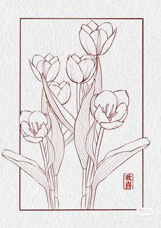 a drawing of some flowers in a frame