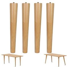 three wooden poles and two small tables with legs on each side, all in different sizes