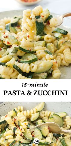 pasta with zucchini and spinach is shown in two different pictures, one has a spoon