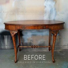 an old wooden table with the words before salvaged inspirationally written on it in front of a grungy wall