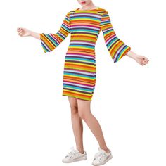 Stripe Dress, Retro Dress, Retro Dress, 70s style dress,Bell sleeve dress,Multicolor Stripe Dress,Hippie Dress, Shift Dress,Vintage inspired Handmade to order. Designed in California. Hand sewn overseas I designed this for those who loves stripe dresses. This was inspired by the 70s era. Comes in multicolor stripe pattern print. Bell Sleeves. Unique overlapping boat neckline. This is a slip-on dress. Super cute bell sleeves. Great with chunky heels or boots! Wear it with a cute oversized sunglas Retro Mini Dress For Party, Retro Midi Length Mini Dress For Party, Retro Party Mini Dress, Spring Bell Sleeve Long Sleeve Dress For Party, Spring Fitted Mini Dress With Bell Sleeves, Retro Short Sleeve Dresses For Fall, Retro Vintage Long Sleeve Dress For Party, Retro Striped Knee-length Dress, Retro Long Sleeve Vintage Dress For Party