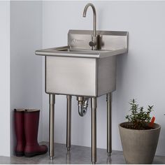 a stainless steel sink with two legs and a potted plant on the floor next to it