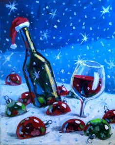 a painting of a wine glass and bottle on a table with christmas decorations around it