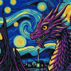 a cross stitch pattern with a dragon on it's face and the starr sky in the background