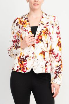 Elevate your style with our Premise floral blazer. Its long sleeves and 2 button closure add sophistication while the cotton blend offers comfort. The unique floral print adds a touch of luxury to any outfit. Upgrade your wardrobe with this exclusive piece. Chic Printed Fall Blazer, Chic Printed Blazer For Fall, Printed Long Sleeve Blazer For Fall, Chic Printed Spring Blazer, Printed Blazer For Workwear In Fall, Spring Floral Print Outerwear With Notch Lapel, Spring Printed Blazer With Notch Lapel, Chic Floral Print Fall Blazer, Formal Long Sleeve Floral Print Outerwear