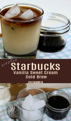 starbuck's vanilla sweet cream cold brew recipe with ice cubes in glasses