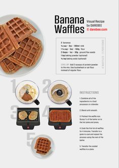 the recipe for banana waffles is shown in this brochure, with instructions on how to make them