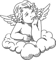 an angel sitting on top of clouds with his hands to his face, in black and white