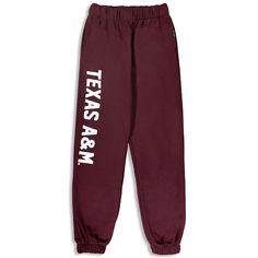 These super soft and comfy sweat pants are made perfectly for those days when you watch an Aggie game from the comfort of your home! These pants feature the words "Texas A&M" written going down the side of the right leg. Brand: Hype & Vice 100% Cotton Hand Wash Cold/Tumble Dry Low Relaxed Fit Letter Print Sweatpants For Winter, Winter Letter Print Relaxed Fit Sweatpants, Winter Cotton Pants With Letter Print, Sportswear Bottoms With Letter Print For Fall, Fall Athleisure Pants With Letter Print, Leisure Relaxed Fit Sweatpants With Letter Print, Leisure Pants With Letter Print For Fall, Leisure Letter Print Pants For Fall, Sportswear Sweatpants With Letter Print For Loungewear