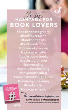 the hashtags for book lovers are displayed in front of a table with books on it