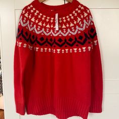 Jcrew Red Fair Isle. Never Worn. Excellent Condition. Beautiful Pattern. Red Fair Isle Pattern Crew Neck Top, Red Fair Isle Crew Neck Top, Casual Red Fair Isle Pattern Tops, Blush Pink Sweater, Unisex Looks, Fox Sweater, Leopard Print Sweater, Jcrew Collection, Roll Neck Sweater