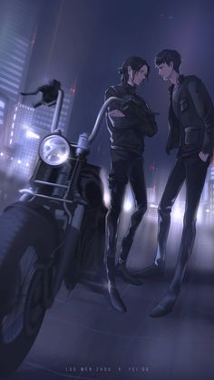 two people standing next to each other in front of a motorcycle and cityscape