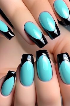 Black French Tip Nails, Oval Acrylic Nails, Black French Tip, Negative Space Nail Art, French Tip Nail Designs, Blue Nail Designs