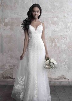 a woman in a wedding dress holding a bouquet