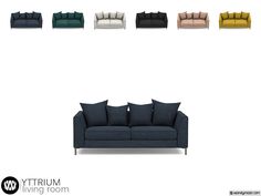 an image of a couch with pillows on it and four colors in the same room