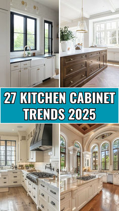 Collage showcasing 2025 kitchen cabinet trends with four modern and elegant kitchen designs featuring sleek white cabinets, farmhouse sinks, luxurious wooden island cabinetry, and large, bright windows. Bold text overlay reads '27 Kitchen Cabinet Trends 2025' on a vibrant blue background.