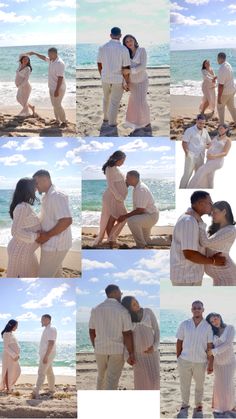 multiple pictures of a man and woman on the beach kissing in front of the ocean