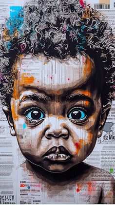 a painting of a baby with blue eyes and curly hair on top of newspaper pages