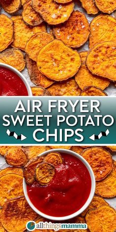 Air Fryer Sweet Potato Chips collage image pin. Air Fryer Sweet Potato Chips, Sweet Potato Chips Recipe, Air Fryer Cake Recipes, Party Food Easy Appetizers, Air Fryer Recipes Snacks, Family Snacks, Make Ahead Appetizers, Sweet Potato Chips, Party Appetizers Easy