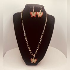 Beautiful Necklace And Earrings For Women Red Color Material: Alloy Color: Red Length: 20” Inches Design: Butterfly Nickel Free Brand New Red Pendant Jewelry Sets For Gifts, Iron Necklace, Rhinestone Costumes, Design Butterfly, Twisted Metal, Turtle Design, Set Jewelry, Puffy Heart, Mom Necklace