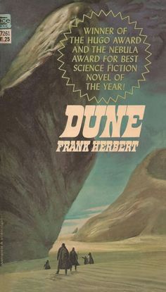 the cover to dune by frank herbert, with an image of people walking in front of a mountain